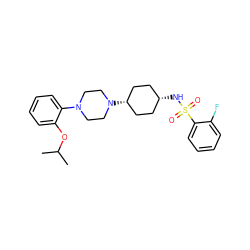 CC(C)Oc1ccccc1N1CCN([C@H]2CC[C@@H](NS(=O)(=O)c3ccccc3F)CC2)CC1 ZINC000101127723