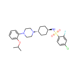 CC(C)Oc1ccccc1N1CCN([C@H]2CC[C@H](NS(=O)(=O)c3ccc(Cl)cc3F)CC2)CC1 ZINC000101093460