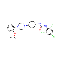 CC(C)Oc1ccccc1N1CCN(C2CCC(NC(=O)Nc3c(Cl)cc(Cl)cc3Cl)CC2)CC1 ZINC000053025963