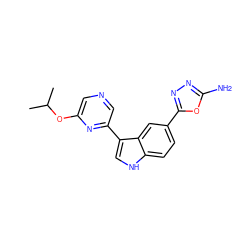 CC(C)Oc1cncc(-c2c[nH]c3ccc(-c4nnc(N)o4)cc23)n1 ZINC000203729367