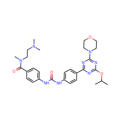 CC(C)Oc1nc(-c2ccc(NC(=O)Nc3ccc(C(=O)N(C)CCN(C)C)cc3)cc2)nc(N2CCOCC2)n1 ZINC000072177630