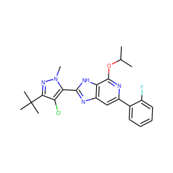 CC(C)Oc1nc(-c2ccccc2F)cc2nc(-c3c(Cl)c(C(C)(C)C)nn3C)[nH]c12 ZINC000140598772