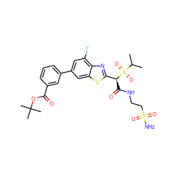 CC(C)S(=O)(=O)[C@@H](C(=O)NCCS(N)(=O)=O)c1nc2c(F)cc(-c3cccc(C(=O)OC(C)(C)C)c3)cc2s1 ZINC000145510769