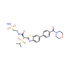 CC(C)S(=O)(=O)[C@@H](C(=O)NCCS(N)(=O)=O)c1nc2ccc(-c3ccc(C(=O)N4CCOCC4)cc3)cc2s1 ZINC000144257846