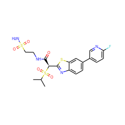 CC(C)S(=O)(=O)[C@@H](C(=O)NCCS(N)(=O)=O)c1nc2ccc(-c3ccc(F)nc3)cc2s1 ZINC000144175350