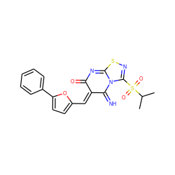 CC(C)S(=O)(=O)C1=NSC2=NC(=O)/C(=C\c3ccc(-c4ccccc4)o3)C(=N)N21 ZINC000008829936