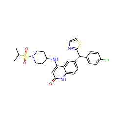 CC(C)S(=O)(=O)N1CCC(Nc2cc(=O)[nH]c3ccc([C@@H](c4ccc(Cl)cc4)c4nccs4)cc23)CC1 ZINC001772576010