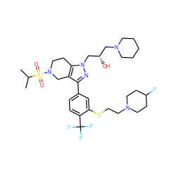 CC(C)S(=O)(=O)N1CCc2c(c(-c3ccc(C(F)(F)F)c(SCCN4CCC(F)CC4)c3)nn2C[C@@H](O)CN2CCCCC2)C1 ZINC000049781022