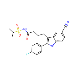 CC(C)S(=O)(=O)NC(=O)CCCc1c(-c2ccc(F)cc2)[nH]c2ccc(C#N)cc12 ZINC000029041420