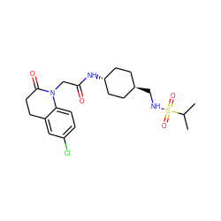 CC(C)S(=O)(=O)NC[C@H]1CC[C@H](NC(=O)CN2C(=O)CCc3cc(Cl)ccc32)CC1 ZINC000261097096