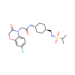 CC(C)S(=O)(=O)NC[C@H]1CC[C@H](NC(=O)CN2C(=O)COc3cc(Cl)ccc32)CC1 ZINC000253731985