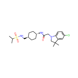 CC(C)S(=O)(=O)NC[C@H]1CC[C@H](NC(=O)CN2CC(C)(C)c3cc(Cl)ccc32)CC1 ZINC000261105046