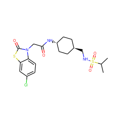 CC(C)S(=O)(=O)NC[C@H]1CC[C@H](NC(=O)Cn2c(=O)sc3cc(Cl)ccc32)CC1 ZINC000261077782