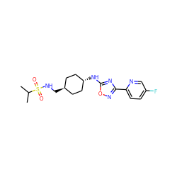 CC(C)S(=O)(=O)NC[C@H]1CC[C@H](Nc2nc(-c3ccc(F)cn3)no2)CC1 ZINC000261154294