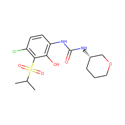 CC(C)S(=O)(=O)c1c(Cl)ccc(NC(=O)N[C@H]2CCCOC2)c1O ZINC001772648551