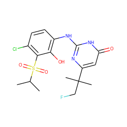 CC(C)S(=O)(=O)c1c(Cl)ccc(Nc2nc(C(C)(C)CF)cc(=O)[nH]2)c1O ZINC000299838379