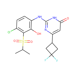 CC(C)S(=O)(=O)c1c(Cl)ccc(Nc2nc(C3CC(F)(F)C3)cc(=O)[nH]2)c1O ZINC000299821307