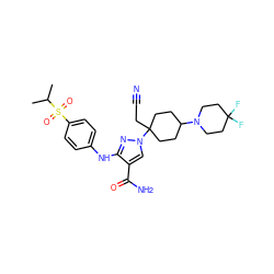 CC(C)S(=O)(=O)c1ccc(Nc2nn(C3(CC#N)CCC(N4CCC(F)(F)CC4)CC3)cc2C(N)=O)cc1 ZINC001772611123