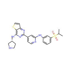 CC(C)S(=O)(=O)c1cccc(Nc2cc(-c3nc(N[C@@H]4CCNC4)c4sccc4n3)ccn2)c1 ZINC000653671278