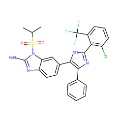 CC(C)S(=O)(=O)n1c(N)nc2ccc(-c3[nH]c(-c4c(Cl)cccc4C(F)(F)F)nc3-c3ccccc3)cc21 ZINC000029131206