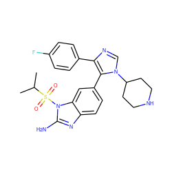 CC(C)S(=O)(=O)n1c(N)nc2ccc(-c3c(-c4ccc(F)cc4)ncn3C3CCNCC3)cc21 ZINC000013641315