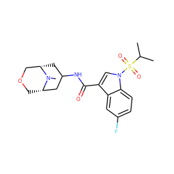 CC(C)S(=O)(=O)n1cc(C(=O)NC2C[C@H]3COC[C@@H](C2)N3C)c2cc(F)ccc21 ZINC001772606920