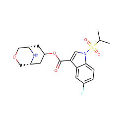 CC(C)S(=O)(=O)n1cc(C(=O)OC2C[C@H]3COC[C@@H](C2)N3)c2cc(F)ccc21 ZINC001772616265