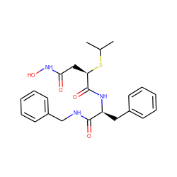 CC(C)S[C@H](CC(=O)NO)C(=O)N[C@@H](Cc1ccccc1)C(=O)NCc1ccccc1 ZINC000026665811