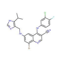 CC(C)c1[nH]cnc1CNc1cc(Br)c2ncc(C#N)c(Nc3ccc(F)c(Cl)c3)c2c1 ZINC000014977441