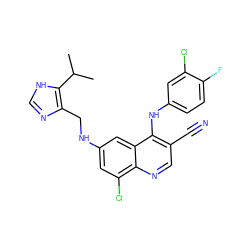 CC(C)c1[nH]cnc1CNc1cc(Cl)c2ncc(C#N)c(Nc3ccc(F)c(Cl)c3)c2c1 ZINC000014977444