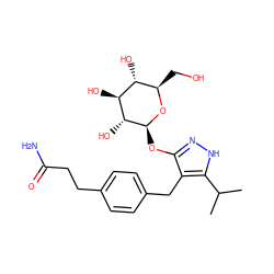 CC(C)c1[nH]nc(O[C@@H]2O[C@H](CO)[C@@H](O)[C@H](O)[C@H]2O)c1Cc1ccc(CCC(N)=O)cc1 ZINC000095584865