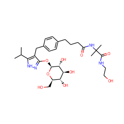 CC(C)c1[nH]nc(O[C@@H]2O[C@H](CO)[C@@H](O)[C@H](O)[C@H]2O)c1Cc1ccc(CCCC(=O)NC(C)(C)C(=O)NCCO)cc1 ZINC000003939545