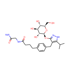 CC(C)c1[nH]nc(O[C@@H]2O[C@H](CO)[C@@H](O)[C@H](O)[C@H]2O)c1Cc1ccc(CCCC(=O)NCC(N)=O)cc1 ZINC000095584121