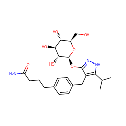 CC(C)c1[nH]nc(O[C@@H]2O[C@H](CO)[C@@H](O)[C@H](O)[C@H]2O)c1Cc1ccc(CCCC(N)=O)cc1 ZINC000095583518