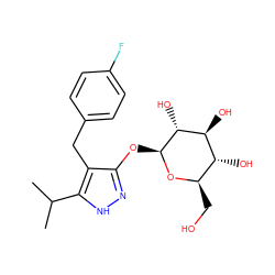 CC(C)c1[nH]nc(O[C@@H]2O[C@H](CO)[C@@H](O)[C@H](O)[C@H]2O)c1Cc1ccc(F)cc1 ZINC000095578995