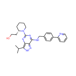 CC(C)c1[nH]nc2c(NCc3ccc(-c4ccccn4)cc3)nc(N3CCCC[C@H]3CCO)nc12 ZINC000653746398