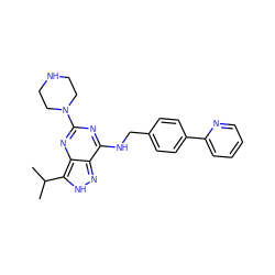 CC(C)c1[nH]nc2c(NCc3ccc(-c4ccccn4)cc3)nc(N3CCNCC3)nc12 ZINC000653746393