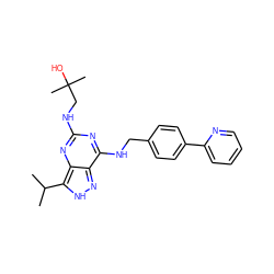 CC(C)c1[nH]nc2c(NCc3ccc(-c4ccccn4)cc3)nc(NCC(C)(C)O)nc12 ZINC000653721994