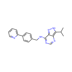 CC(C)c1[nH]nc2c(NCc3ccc(-c4ccccn4)cc3)ncnc12 ZINC000653720455