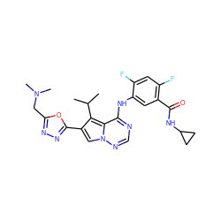 CC(C)c1c(-c2nnc(CN(C)C)o2)cn2ncnc(Nc3cc(C(=O)NC4CC4)c(F)cc3F)c12 ZINC000029128231