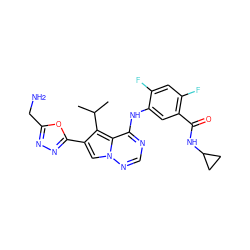 CC(C)c1c(-c2nnc(CN)o2)cn2ncnc(Nc3cc(C(=O)NC4CC4)c(F)cc3F)c12 ZINC000029128292