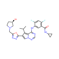 CC(C)c1c(-c2nnc(CN3CC[C@@H](O)C3)o2)cn2ncnc(Nc3cc(C(=O)NC4CC4)c(F)cc3F)c12 ZINC000029128172