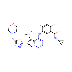 CC(C)c1c(-c2nnc(CN3CCOCC3)o2)cn2ncnc(Nc3cc(C(=O)NC4CC4)c(F)cc3F)c12 ZINC000029128229