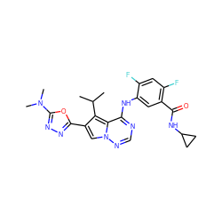 CC(C)c1c(-c2nnc(N(C)C)o2)cn2ncnc(Nc3cc(C(=O)NC4CC4)c(F)cc3F)c12 ZINC000029128170