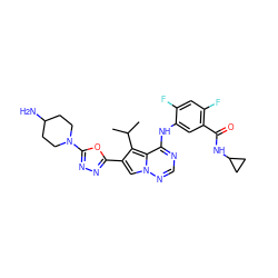 CC(C)c1c(-c2nnc(N3CCC(N)CC3)o2)cn2ncnc(Nc3cc(C(=O)NC4CC4)c(F)cc3F)c12 ZINC000029127923