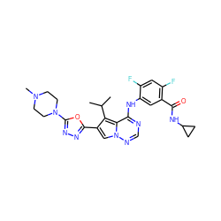 CC(C)c1c(-c2nnc(N3CCN(C)CC3)o2)cn2ncnc(Nc3cc(C(=O)NC4CC4)c(F)cc3F)c12 ZINC000029127876