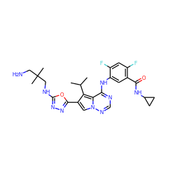 CC(C)c1c(-c2nnc(NCC(C)(C)CN)o2)cn2ncnc(Nc3cc(C(=O)NC4CC4)c(F)cc3F)c12 ZINC000029128028