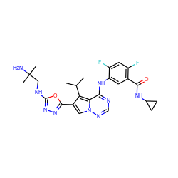 CC(C)c1c(-c2nnc(NCC(C)(C)N)o2)cn2ncnc(Nc3cc(C(=O)NC4CC4)c(F)cc3F)c12 ZINC000029128031