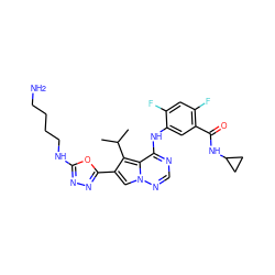 CC(C)c1c(-c2nnc(NCCCCN)o2)cn2ncnc(Nc3cc(C(=O)NC4CC4)c(F)cc3F)c12 ZINC000029127927