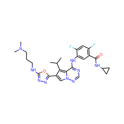 CC(C)c1c(-c2nnc(NCCCN(C)C)o2)cn2ncnc(Nc3cc(C(=O)NC4CC4)c(F)cc3F)c12 ZINC000029127969